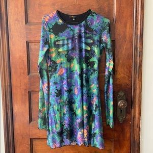 Black tie dye mini dress with dragonfly detail